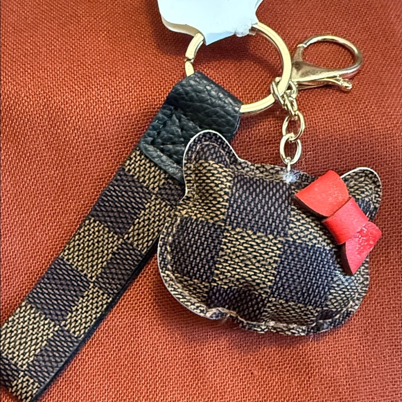 Accessories - Brown Checkered Keychain Kitty Cat Red Bow Bag Charm New